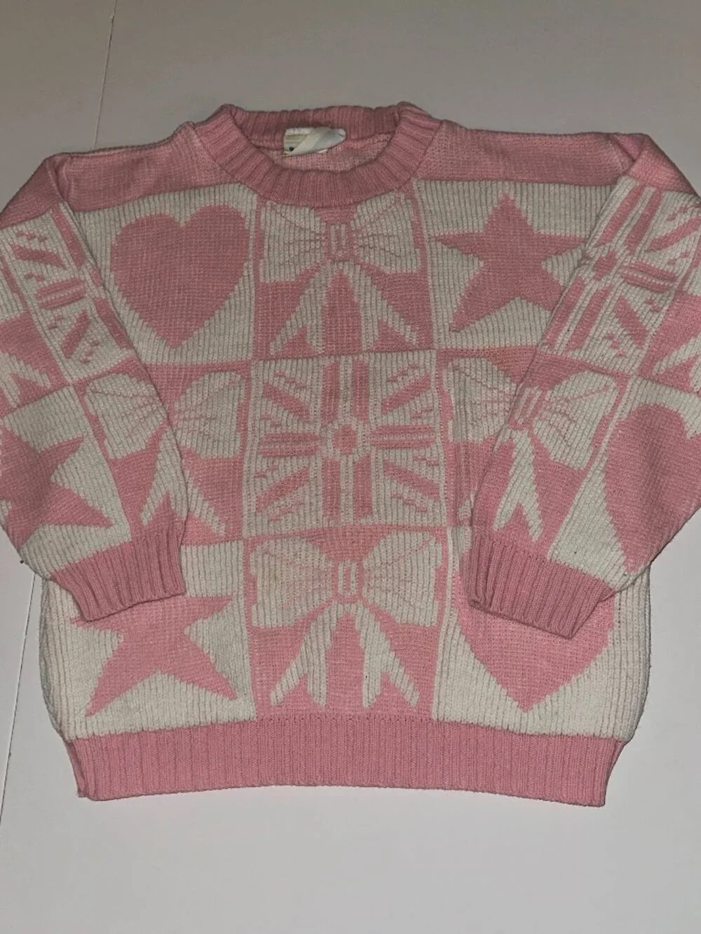 Vintage HG KIDS Girls Knit Pullover Sweater pink & white Bows Hearts Youth 8/10